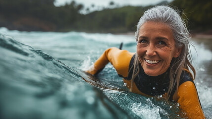 Senior woman smiling while surfing in the ocean.