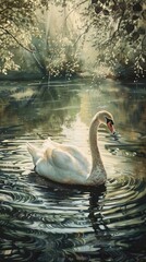 A graceful swan glides across a tranquil pond.