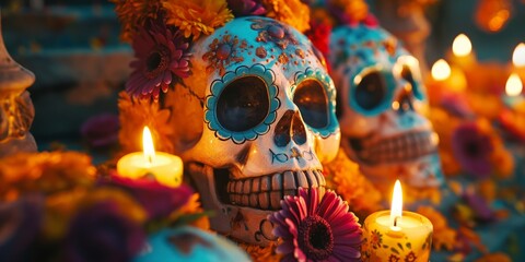 Traditional Mexican sugar skull surrounded by vibrant marigolds and candles, emphasizing the cultural icon of Day of the Dead against a dark background - obrazy, fototapety, plakaty