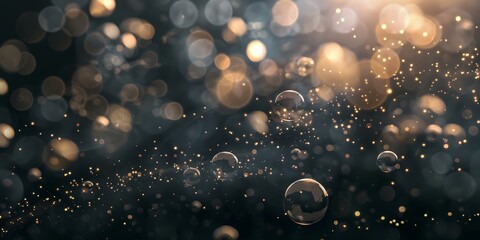 Abstract golden bokeh bubbles beautifully floating against a deep black background, creating a serene and mystical atmosphere - obrazy, fototapety, plakaty