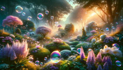 Fototapeta na wymiar Whimsical Garden Glow with Sparkling Bubbles at Sunrise