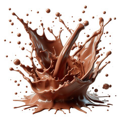 3D splash of chocolate liquid, brown, white background, isolated object PNG