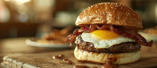 Beef, egg, and bacon burger being served in a restaurant. An American cuisine meal displayed in an appetizing manner on a wooden table.
