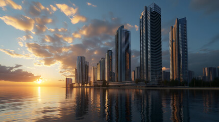 Obraz premium Urban Sunset by the River: Chicago Skyline and Buildings Reflecting on Water at Dusk
