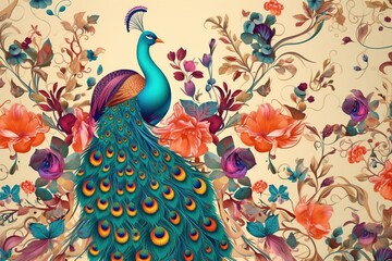 Fototapeta premium a peacock with flowers and a bird on it