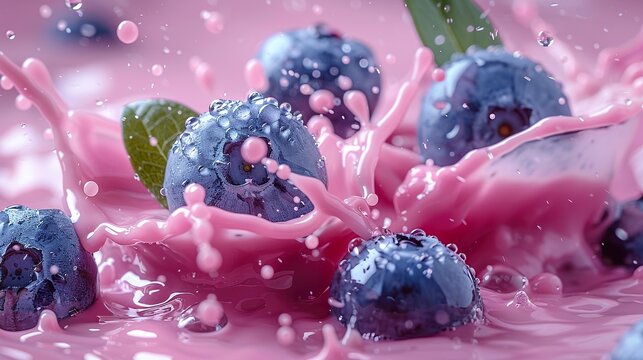 Close-up of a dynamic image with pink milk in creamy tones and white with blueberries. Splashes of milk with blueberries in a culinary delight.