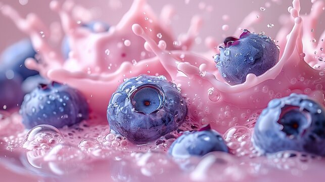 Close-up of a dynamic image with pink milk in creamy tones and white with blueberries. Splashes of milk with blueberries in a culinary delight.