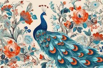 a painting of a peacock with flowers and a blue bird.