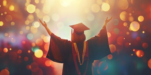 A joyful graduate raising hands in triumph with a bright bokeh background, evoking feelings of success and celebration - obrazy, fototapety, plakaty