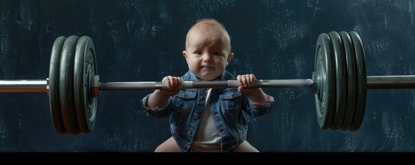 Fototapeta na wymiar Funny strong baby lifting a heavy barbell