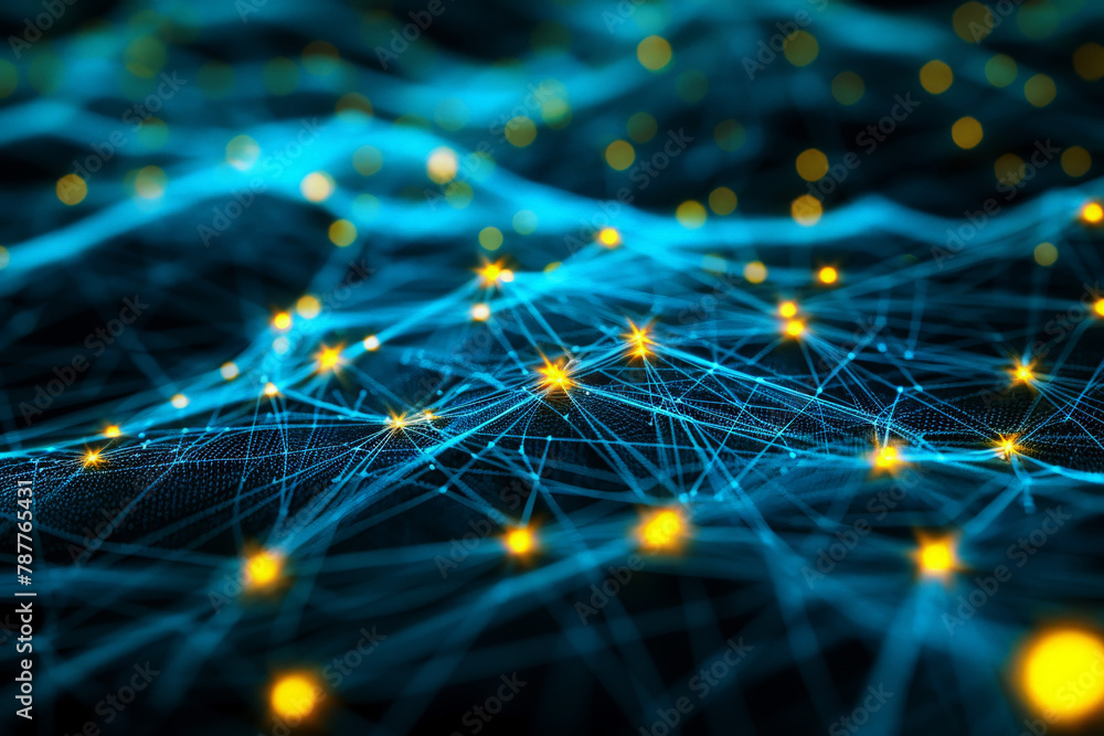 Poster futuristic blue abstract background with network grid and glowing particles, ai generative