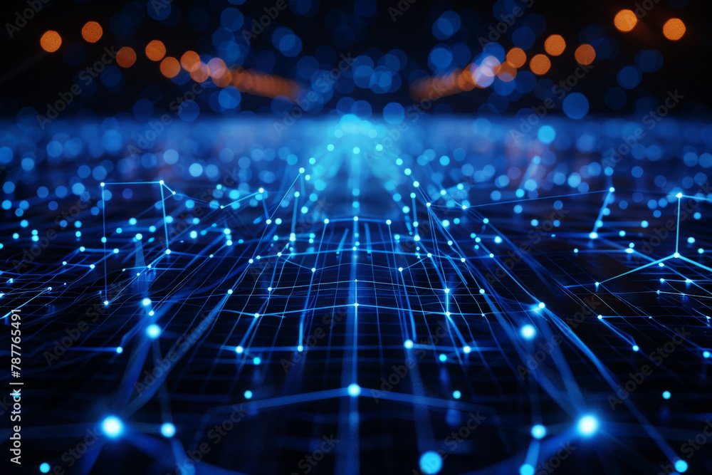 Poster futuristic blue abstract background with network grid and glowing particles, ai generative