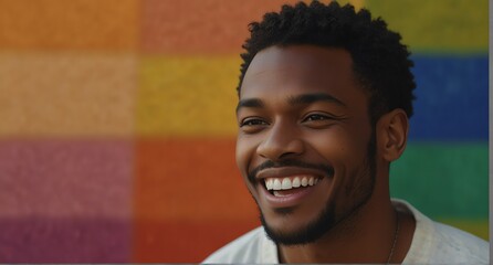 young black african man on plain bright colorful background laughing hysterically looking at camera background banner template ad marketing concept from Generative AI