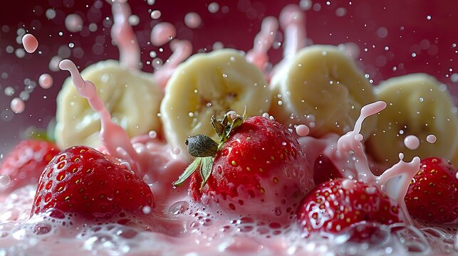 Close-up of a dynamic image with pink milk in creamy tones and white with strawberry and banana. Splashes of milk with strawberry and banana in a culinary delight.