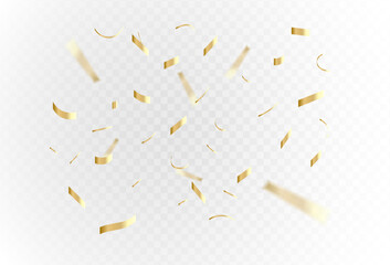 Confetti explosion on a transparent background. Shiny shiny golden paper pieces fly and spread around