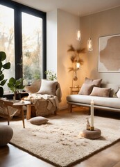 Aesthetic Design of a Cozy Living Room Interior Featuring a Mock-Up Poster Frame, Brown Sofa, Patterned Pillows, Beige Pitcher, Vase with Branch, and Personal Accessories. Home Decor Template.