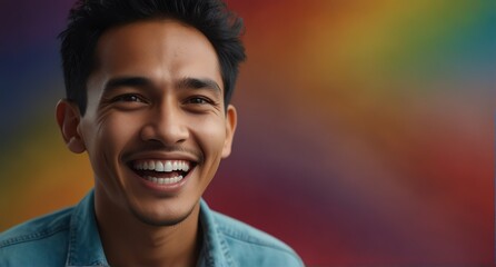 young indonesian man on plain bright colorful background laughing hysterically looking at camera background banner template ad marketing concept from Generative AI