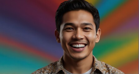 young indonesian man on plain bright colorful background laughing hysterically looking at camera background banner template ad marketing concept from Generative AI