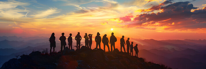 Tourists go up the hill in the sunrise,Rise and Climb - obrazy, fototapety, plakaty