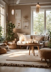  Interior Design of a Cozy Living Room with a Mock-Up Poster Frame, Brown Sofa, Gray Armchair, Wooden Coffee Table, Beige Carpet, and Personal Accents. Home Decor Inspiration.



