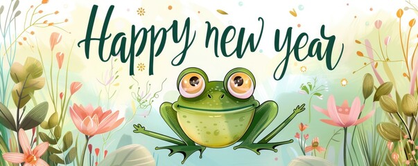 Happy green frog jumping on pastel on spinning background