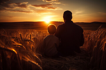 father's day. Silhouettes of father and son on sunset landscape background. Generative AI