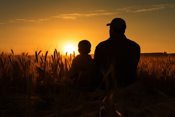 Fototapeta na wymiar father's day. Silhouettes of father and son on sunset landscape background. Generative AI