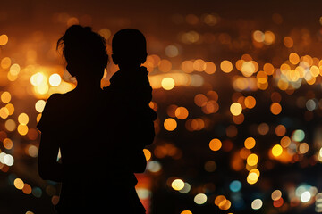 mother's day, mother and daughter hugging on landscape night background . AI generated