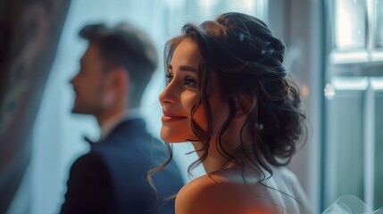 Close-up of a beautiful attractive brunette woman dressed elegantly in side view with happy and proud countenance. Sensual woman at a party with elegant man in a spacious hall. - obrazy, fototapety, plakaty