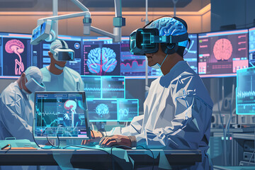 A scientist wearing VR headset is working a laboratory