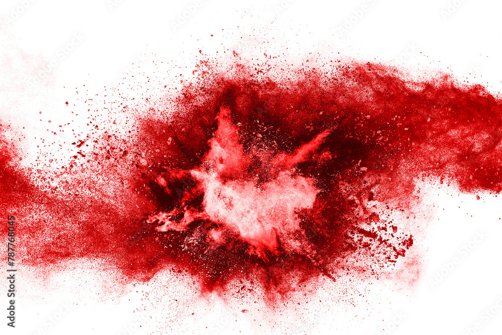 Sticker freeze motion of red powder exploding. abstract design of red dust cloud. particles explosion screen