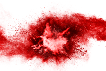 Freeze motion of red powder exploding. Abstract design of red dust cloud. Particles explosion screen saver, wallpaper