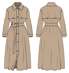 Women’s  Dress, coats, windbreaker, Long shirt, Front and Back View Vector Fashion Illustration , CAD, Technical Drawing, Flat Drawing. © Nessa Fashion Flats