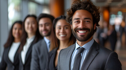 Business executives - office workers - smiling and confident - lawyers - accountants - smiling and confident - lobby - natural light - well-dressed - business trip - meeting - group photo 