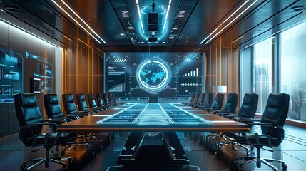 Predictive analytics in business meeting requirements gathering methodologies, showcased in a futuristic boardroom - obrazy, fototapety, plakaty