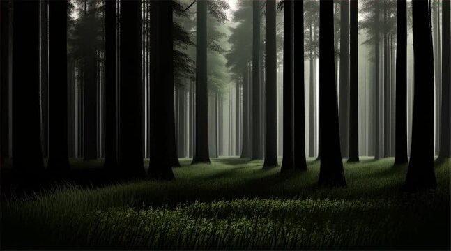 Eerie forest night with wind. Dark and mysterious woodland scene