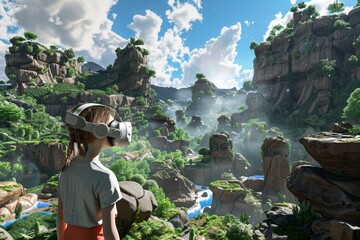 A virtual reality game with immersive landscapes, customizable avatars, and players from around the world competing for fame, fortune, and glory - obrazy, fototapety, plakaty