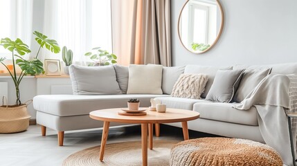 A interior design minimalism style cozy couch with pillows and blankets, a wooden coffee table, and several potted plants in a bright living room.