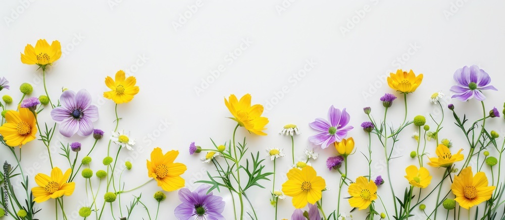 Canvas Prints Arrangement of flowers featuring yellow and purple blooms against a white backdrop. Reflecting themes of spring and Easter, presented in a flat lay style with a top view and space for text.