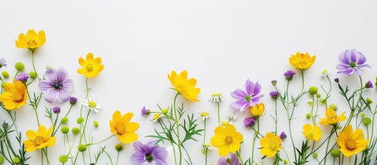 Arrangement of flowers featuring yellow and purple blooms against a white backdrop. Reflecting themes of spring and Easter, presented in a flat lay style with a top view and space for text.