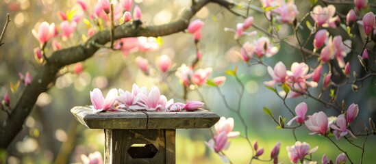Spring background featuring a wooden feeder under the magnolia tree.