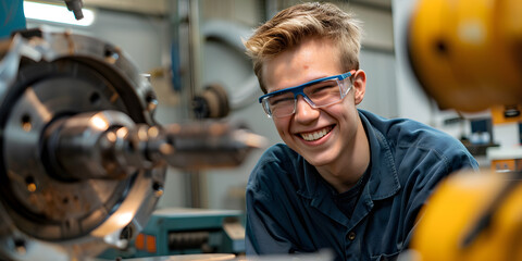 Fototapeta na wymiar Young male carpenter working in a carpenter shop