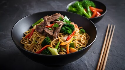 Fettuccine with ground beef in dark bowl on dim backdrop
