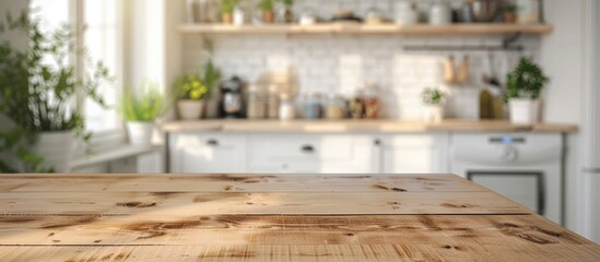 Scandinavian-style kitchen with a wooden table top and a blurred background.