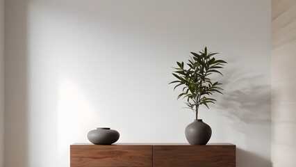 Shelf hosting vase and plants with white wall behind