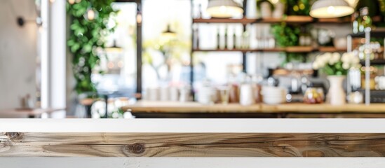 A white table displayed against a blurred background with a wooden counter, shelf surface, and a white bokeh background in a restaurant setting,