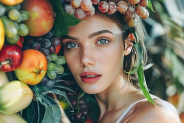 person surrounded with vegetables and fruits , healthy food, healthy lifestyle, wellness	