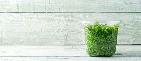 Green smoothie freshly mixed in a transparent container placed on a white wooden surface. Ideal layout for a detox smoothie recipe, with empty space for text. Plant-based cuisine.