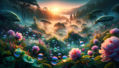Fototapeta na wymiar Fantasy Mist: Enchanted Forest with Glowing Bubbles
