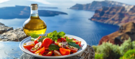 Fototapeta na wymiar The idea of Greek cuisine in summer is portrayed through a Greek salad featuring olive oil and tomatoes, enjoyed against the backdrop of a stunning view of the blue Aegean sea.